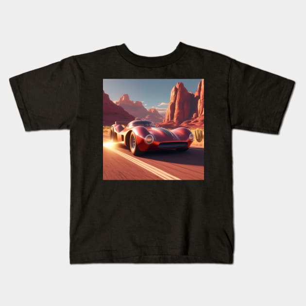 A Retro-Futuristic Racing Car Travelling Through The Arizona Desert At Dusk. Kids T-Shirt by Musical Art By Andrew